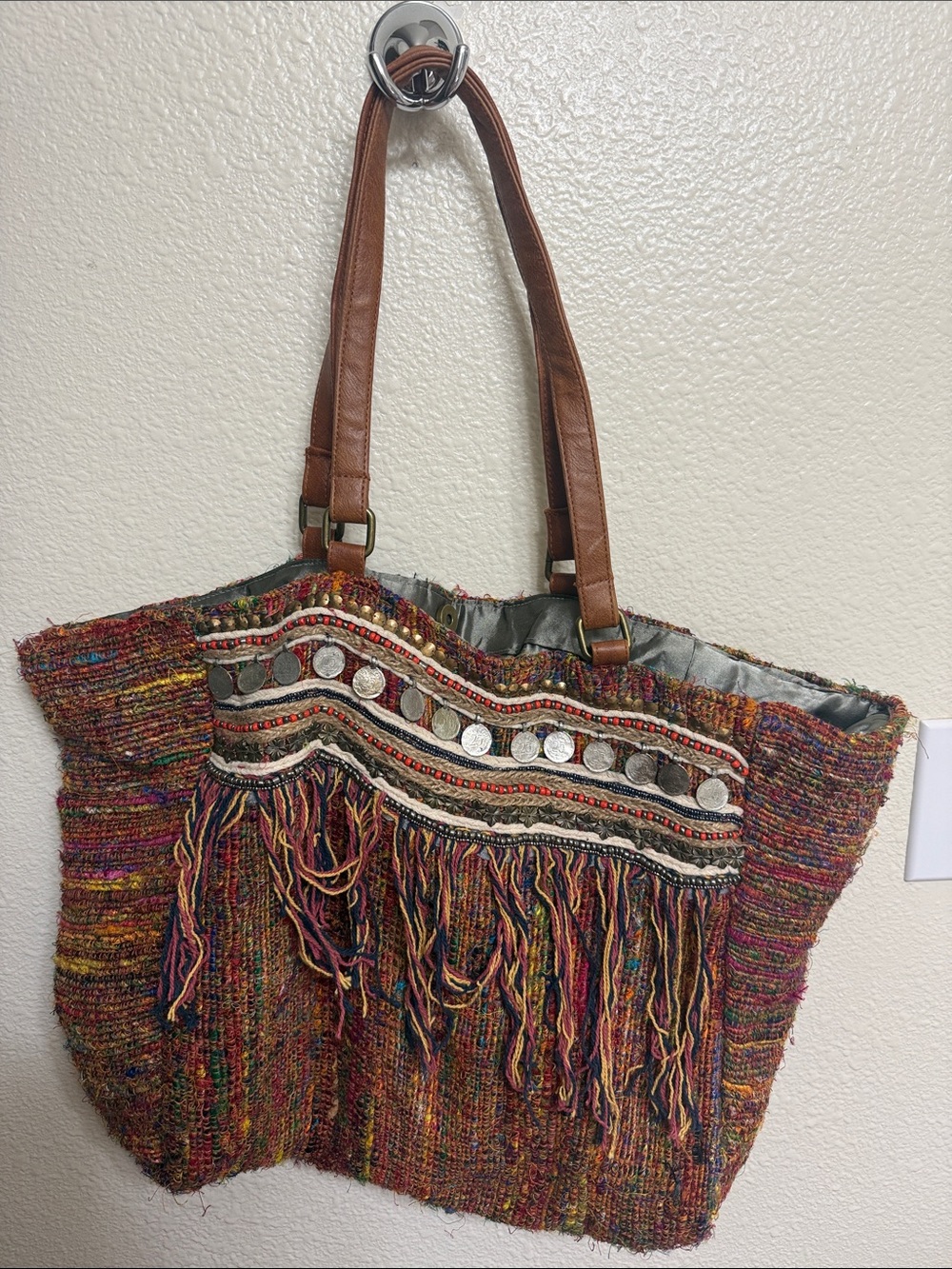 Multicolor Boho Fringe Tote with Brown Handles